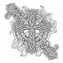 a Celtic cross in between the pecs, Family in cursive on the left pec, Faith in cursive on the right pec tattoo design idea