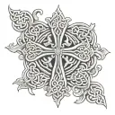 a Celtic cross in between the pecs, Family in cursive on the left pec, Faith in cursive on the right pec tattoo design idea