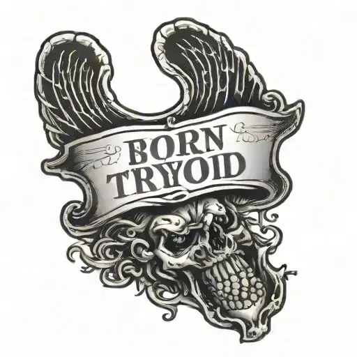a thyroid with "born sick" written under in old english font tattoo design idea