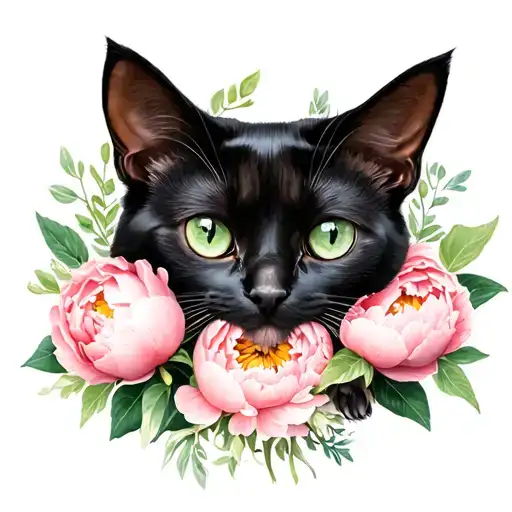 peonies, greenery, with black cat sitting, green eyes tattoo design idea