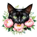 peonies, greenery, with black cat sitting, green eyes tattoo design idea