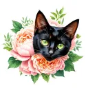 peonies, greenery, with black cat sitting, green eyes tattoo design idea