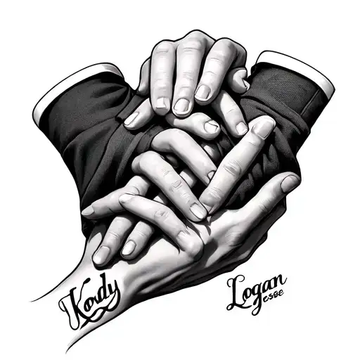 Tattoo of 3 hands holding each other with one of the names Kody,  Jesse and Logan in each hand.  tattoo design idea