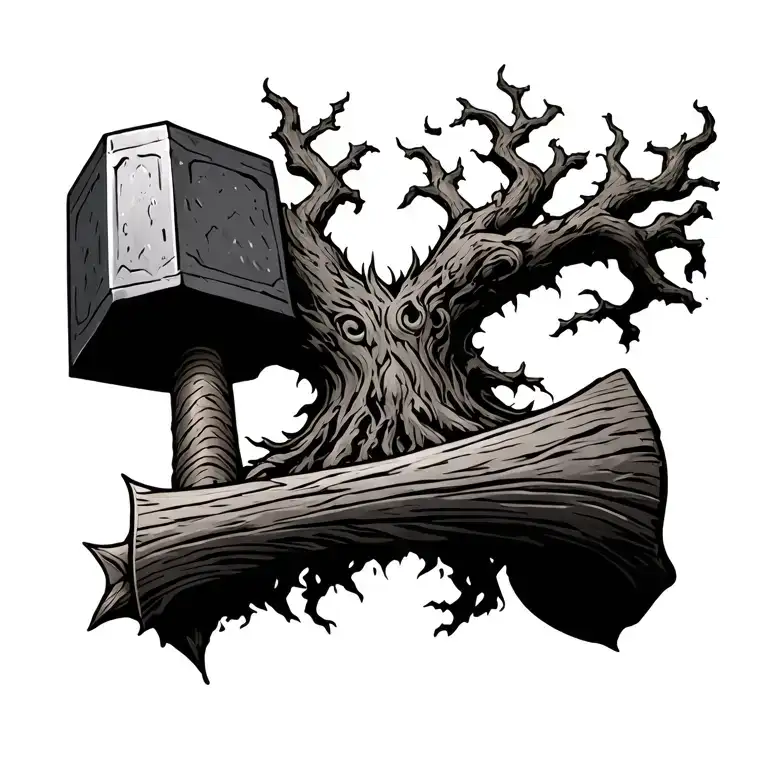 elder tree and thors hammer tattoo design idea