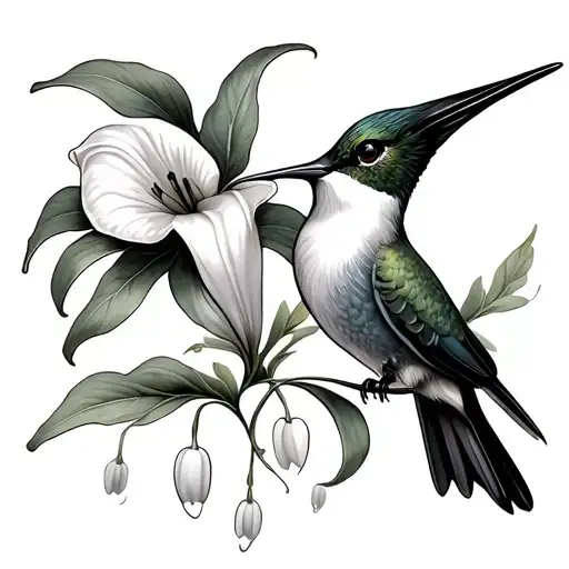 hummingbird with bleeding hearts and calla lily flower tattoo design idea