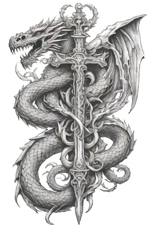 Caduceus with dragons instead of snakes and a helmet on a rifle instead of a staff tattoo design idea