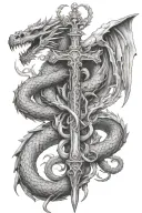 Caduceus with dragons instead of snakes and a helmet on a rifle instead of a staff tattoo design idea