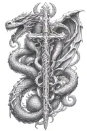 Caduceus with dragons instead of snakes and a helmet on a rifle instead of a staff tattoo design idea