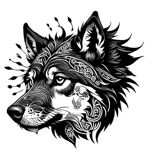 wolf with hmong influence tattoo design idea