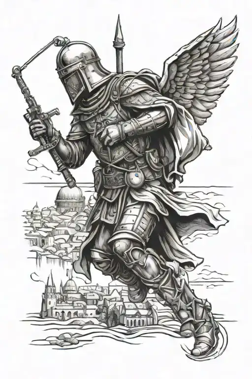 holy crusade soldier in Jerusalem skyline tattoo design idea