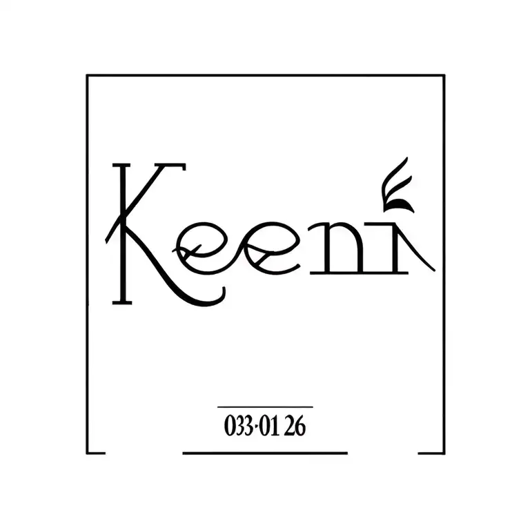 Clean font saying "Keen" with a roman numeral date underneath saying 03-01-26 tattoo design idea