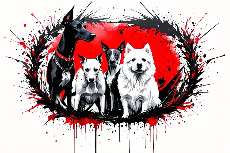 Black greyhound, two whippets and one Samoyed dog in a circle delicate, sentimental, elegant tattoo design idea