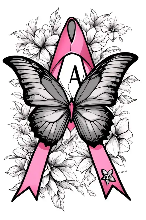 initial A breast cancer ribbon with butterfly  tattoo design idea