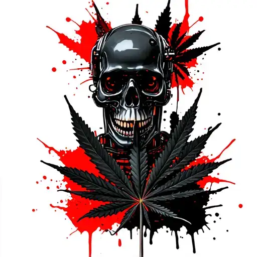 composition A black robot skull with medical mask,in the background a marijuana leaf tattoo design idea