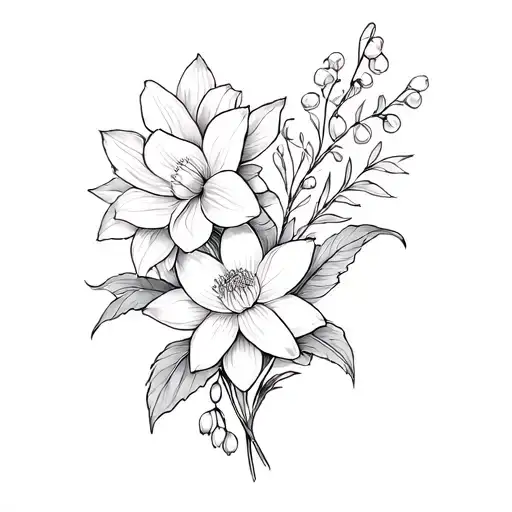 holly, daffodil, lily of the valley, honeysuckle and and a water lily in a fine line style and no shading tattoo design idea