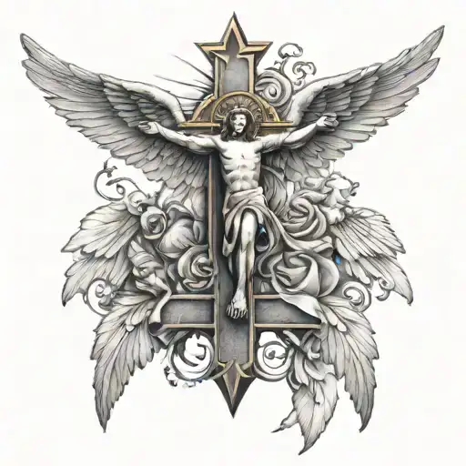 3 Jesus cross surrounded by angel wings tattoo design idea