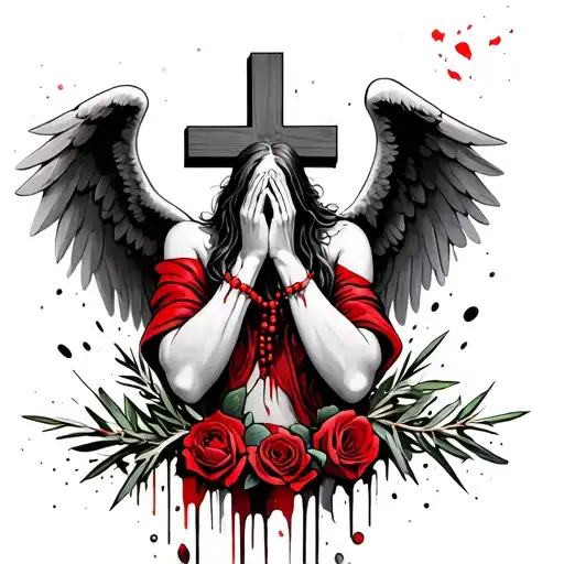 fallen angel praying and crying in front of cross with dead roses wrapped around and rosemary beads on his hands  tattoo design idea