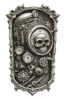 train tracks and a small compass with skulls and engine camshafts harley davidson style tattoo design idea