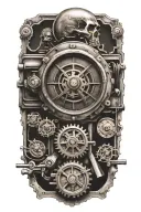 train tracks and a small compass with skulls and engine camshafts harley davidson style tattoo design idea