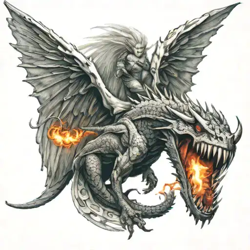 angel stabbing dragon breathing fire tattoo design idea