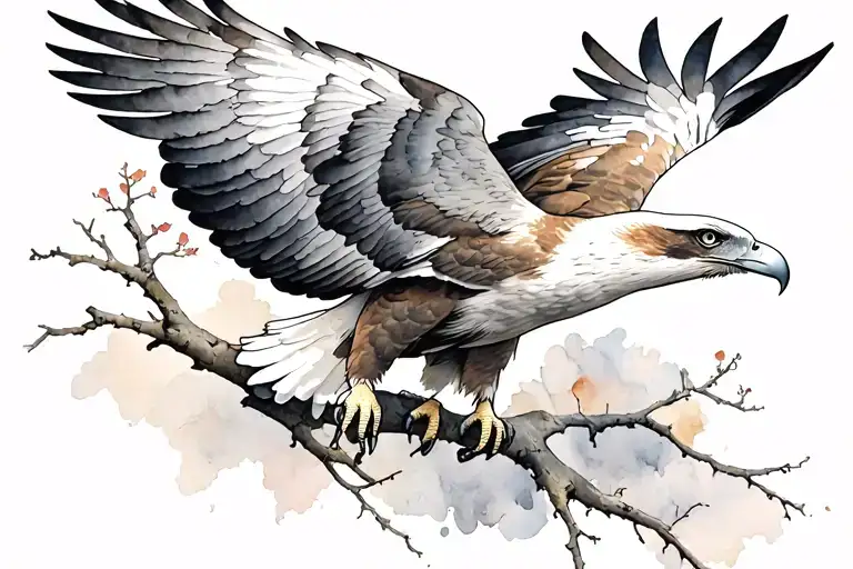 Realistic black and gray  Tattoo Design for Eagle in mid-flight, wings spread wide as the branch beneath it snaps tattoo design idea