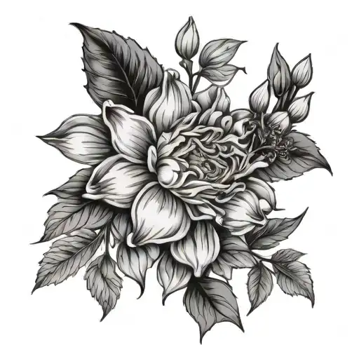 carnation snowdrop cherry blossom daffodil hawthorn Lilly of the valley rose honeysuckle chrysanthemum peony flowers  tattoo design idea