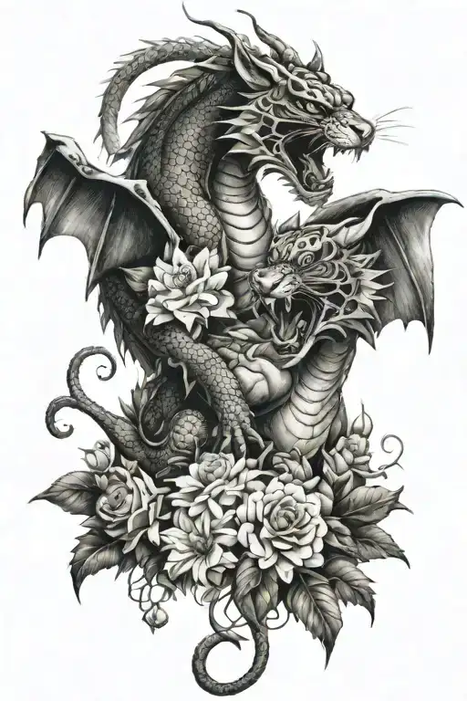 Dragon and tiger fighting with daisys and roses around them tattoo design idea