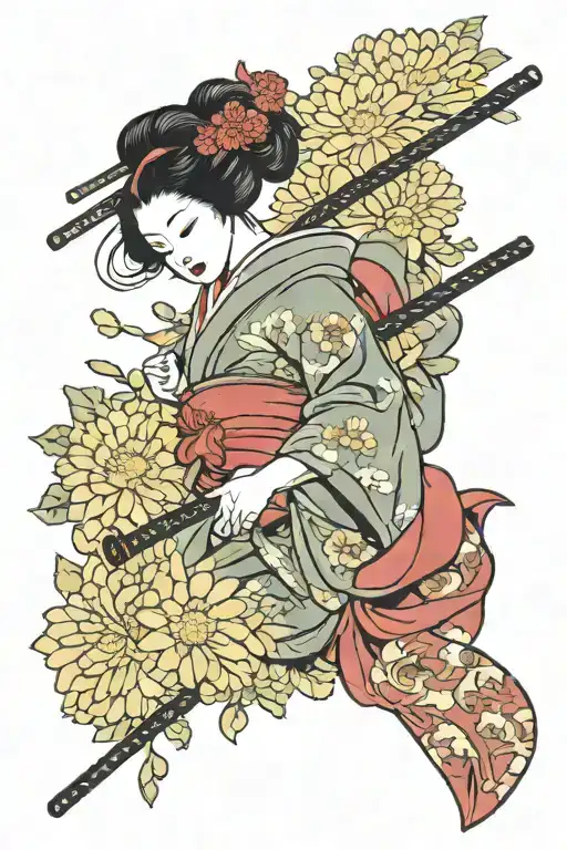 geisha holding a katana, omamori amulet with background filler chrysanthemum tattoo design idea