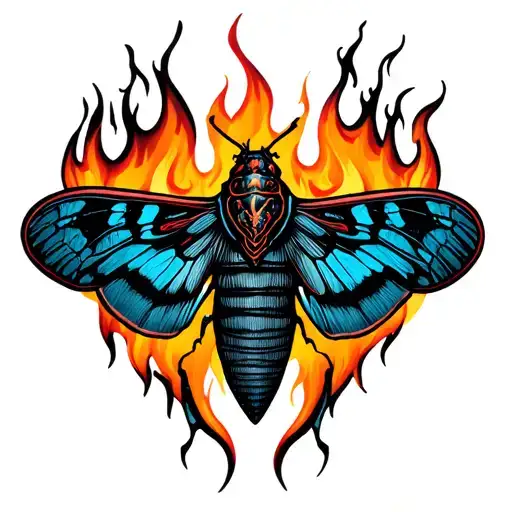 burning moth with sleep token mask colors, surrounded by flames  tattoo design idea