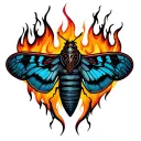 burning moth with sleep token mask colors, surrounded by flames  tattoo design idea