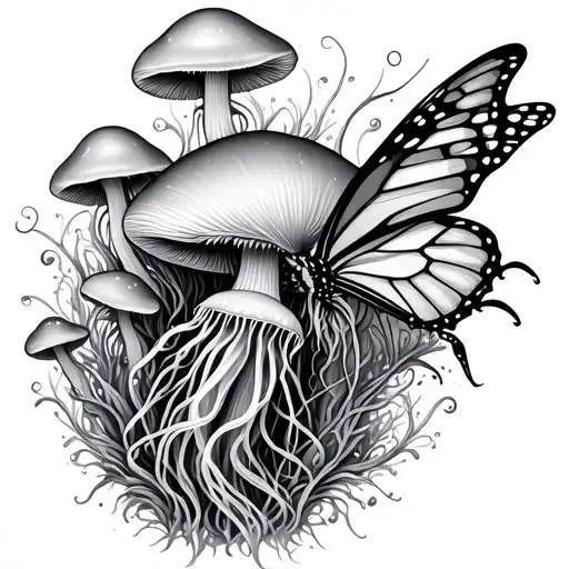mushrooms with jellyfish and large butterfly with vone slevee tattoo design idea