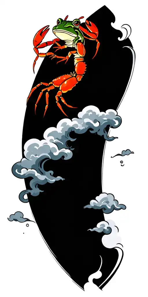samurai frog, red crab finger waves crashing clouds with grey  tattoo design idea