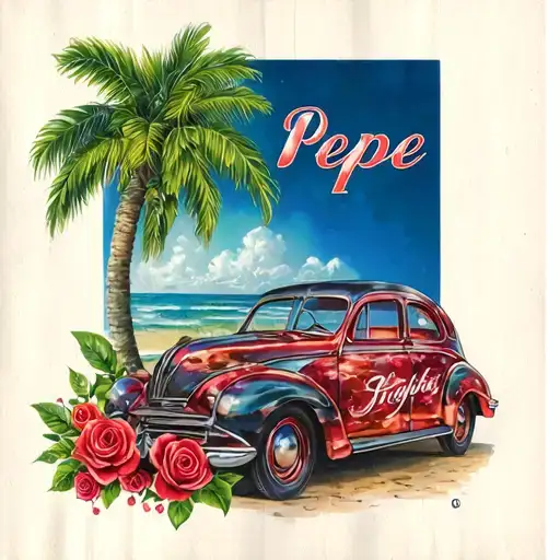 car tattoo side picture with palm tree and roses and my grandfathers name pepe tattoo design idea