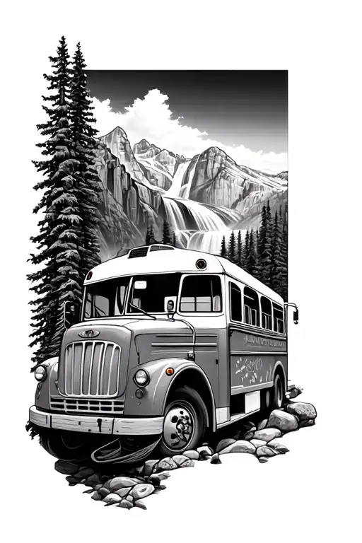 yelliwstone national park with old tour bus, mountains, waterfall tattoo design idea