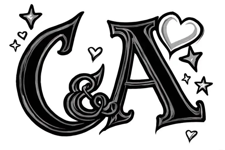 initials C & A with hearts and stars tattoo design idea