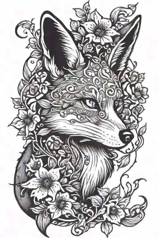 undead fox crawling covered in Belladonna and foxglove flowers, in a Gothic style with white eyes  tattoo design idea