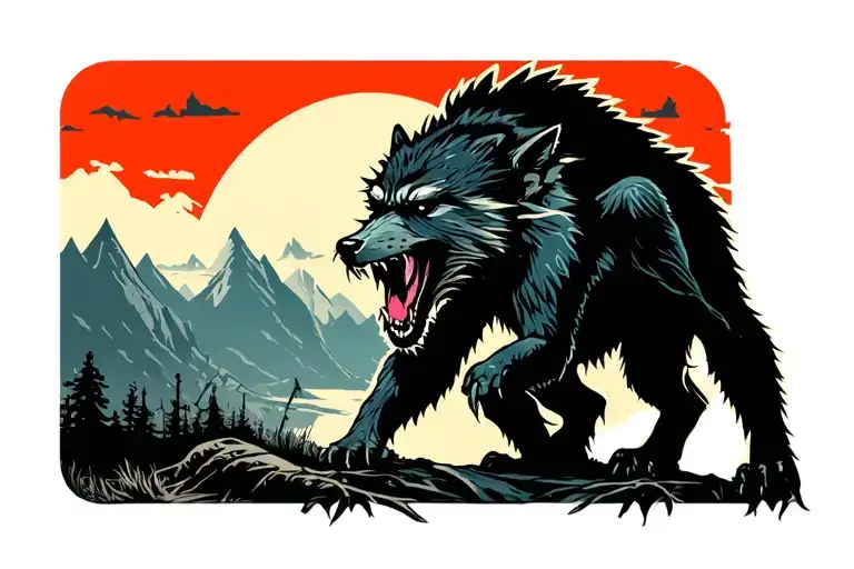 post apocalyptic landscape horror werewolf  tattoo design idea