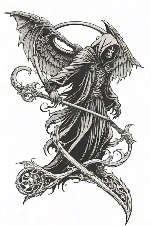 facelessgrim reaper with wings holding scythe  tattoo design idea