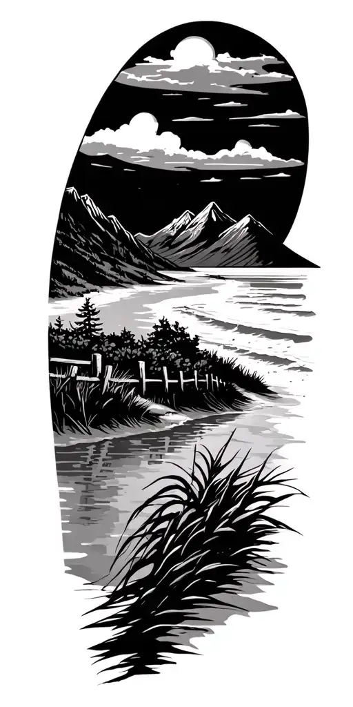 beach landscape and Idaho ranch fence and mountains tattoo design idea