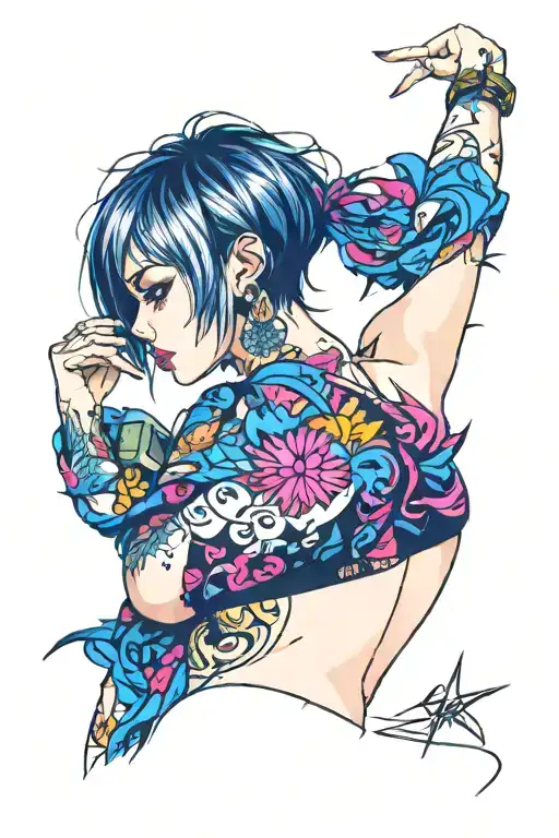 Sexy girl, Huge boobs, cleavage, petite, torn clothing, short white bob hairstyle, side view, waist up view tattoo design idea