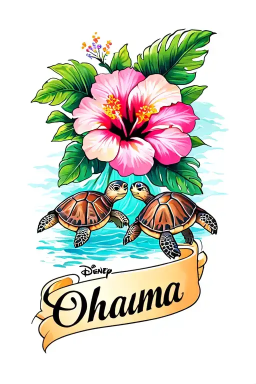 Hawaiian tattoo incorporating the word "Ohana" in Disney script, three small sea turtles and a colorful hibiscus.  tattoo design idea