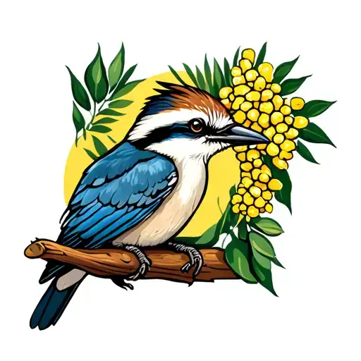 Kookaburra with wattle tattoo design idea