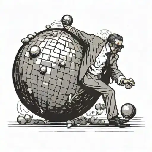 Sisyphus in a mid century modern suit and sunglasses pushing a disco ball instead of a boulder tattoo design idea