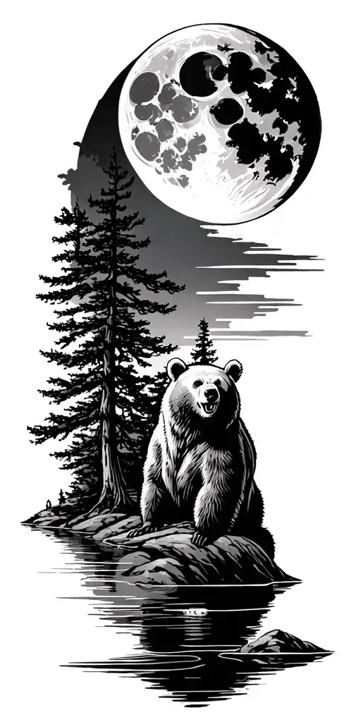 moon with lake, trees and a bear tattoo design idea