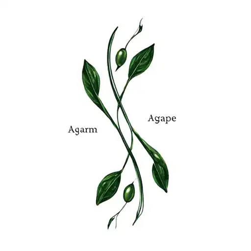 A sleek infinity symbol with the Greek word"Agape" (Ayárn) seamlessly integrated into the loop. 4 olive leaves tattoo design idea