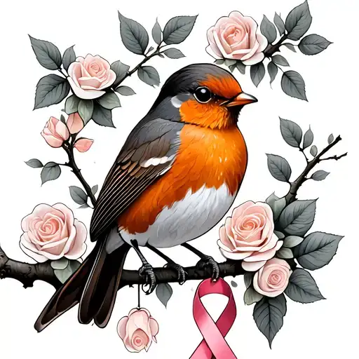 Colored Robin sitting on branch with roses around it with a cancer ribbon hanging on the branch tattoo design idea