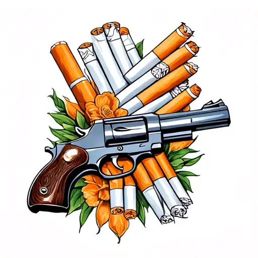 pack of cigarettes and a pistol intertwined tattoo design idea