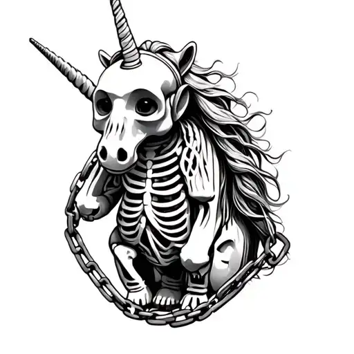 teletubby on unicorn skeleton chained tattoo design idea