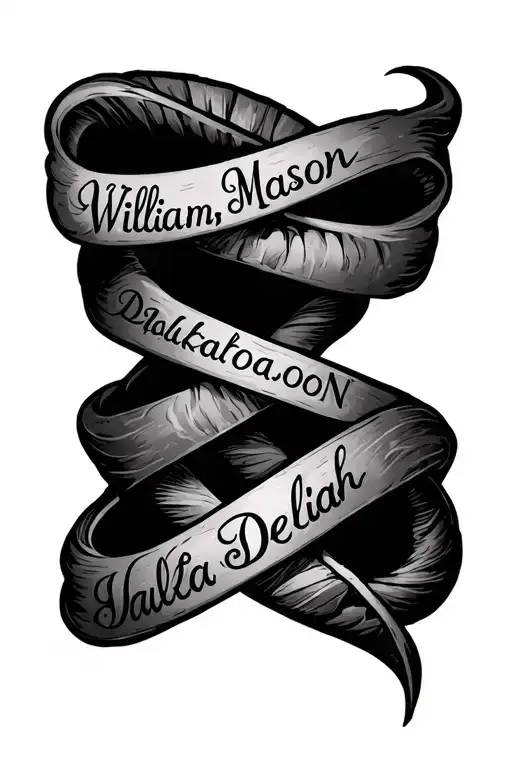 "William,Mason, Dakota, Delilah" double helix with names intertwined tattoo design idea