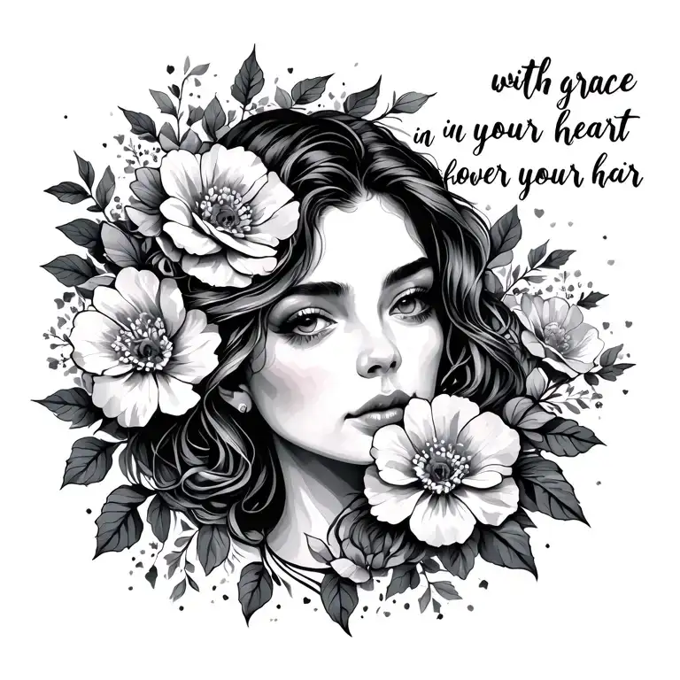 graphic that depicts the phrase 'with grace in your heart and flowers in your hair' tattoo design idea